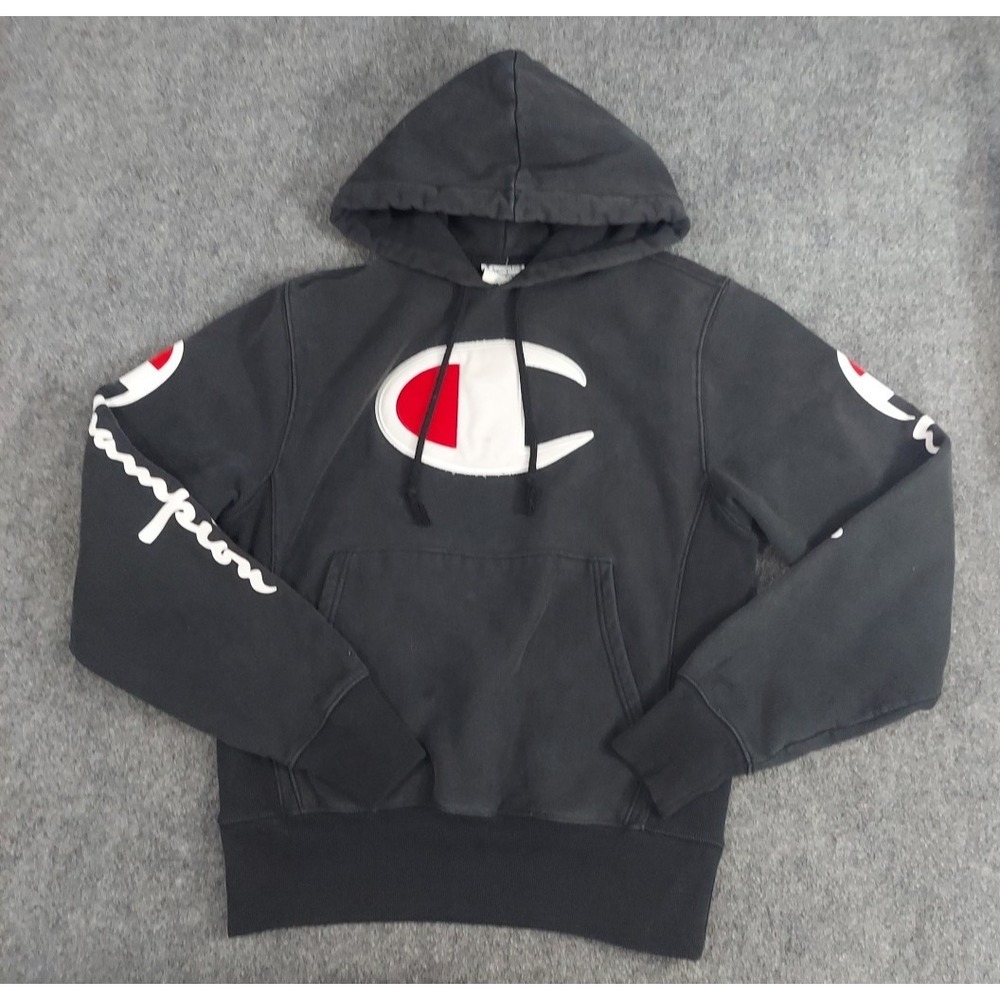 Vtg Champion Hoodie Reverse‎ Weave Small Black Big Logo Spellout Pullover